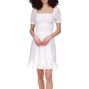 Michael Kors Smocked Eyelet Peasant Dress in White, Size L​​​​